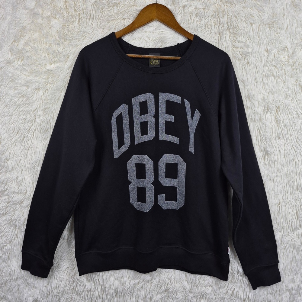 Obey 89 Graphic Sweatshirt Mens Large Black Raglan Pullover Made in USA Y2K